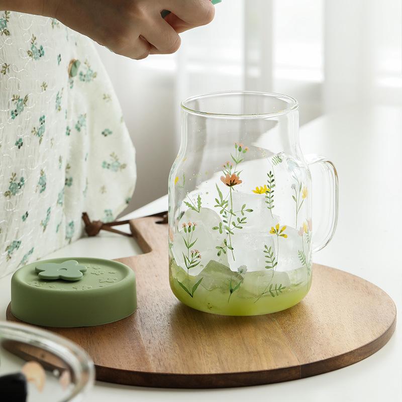 Tasse à motif d'herbe 600/780 ml avec paille et couvercle Gobelet en verre avec tasse graduée résistante à la chaleur pour café lait boisson