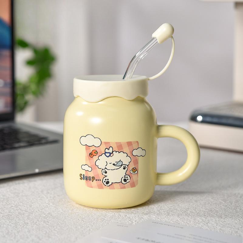 

Milk Fufu Cup Puppy Ceramic Children s Water Cup Straw Cup Girls High-looking Cute Casual Cup with Lid Student 440ml