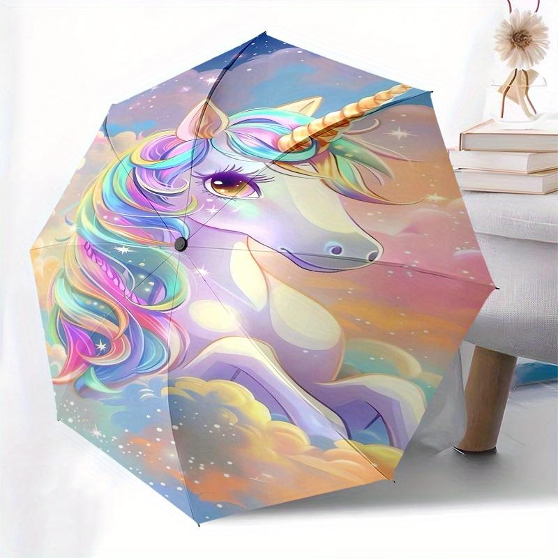 Unicorn Fantasy Automatic Folding Umbrella 8 Ribs, Durable Iron Frame, Bright Color Pattern Compact Travel Umbrella, Suitable for Outdoor,