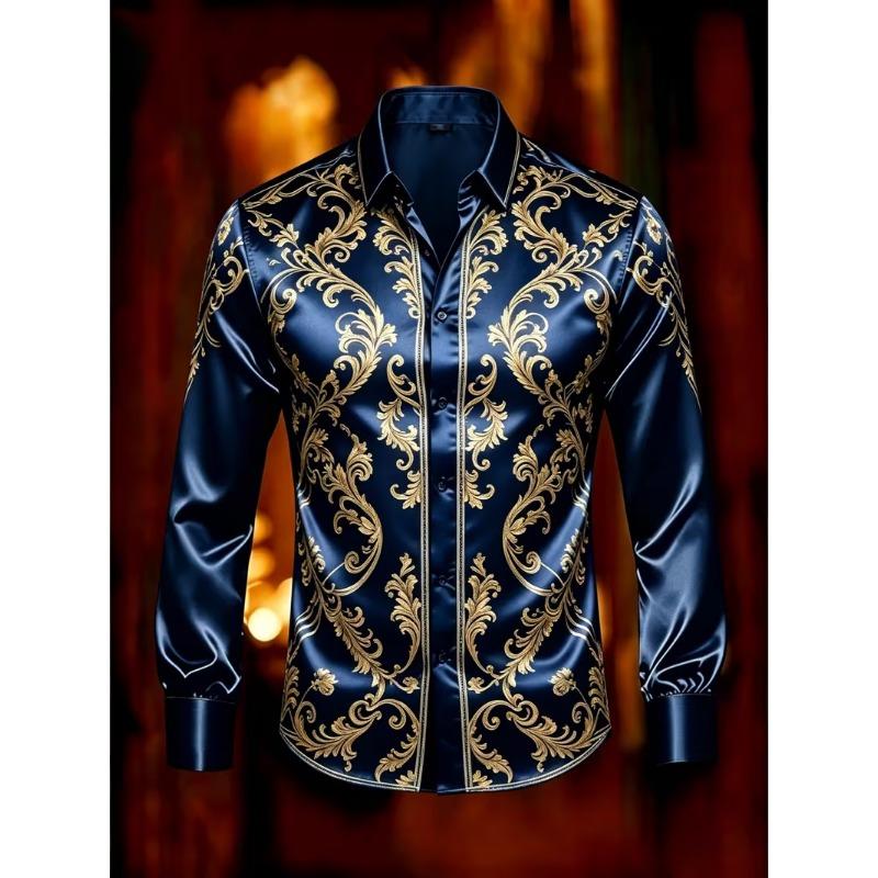 New Long Sword Black Wings Baroque 3D Printed Long Sleeve Shirt Smooth Satin Collar Men's Top Clothing