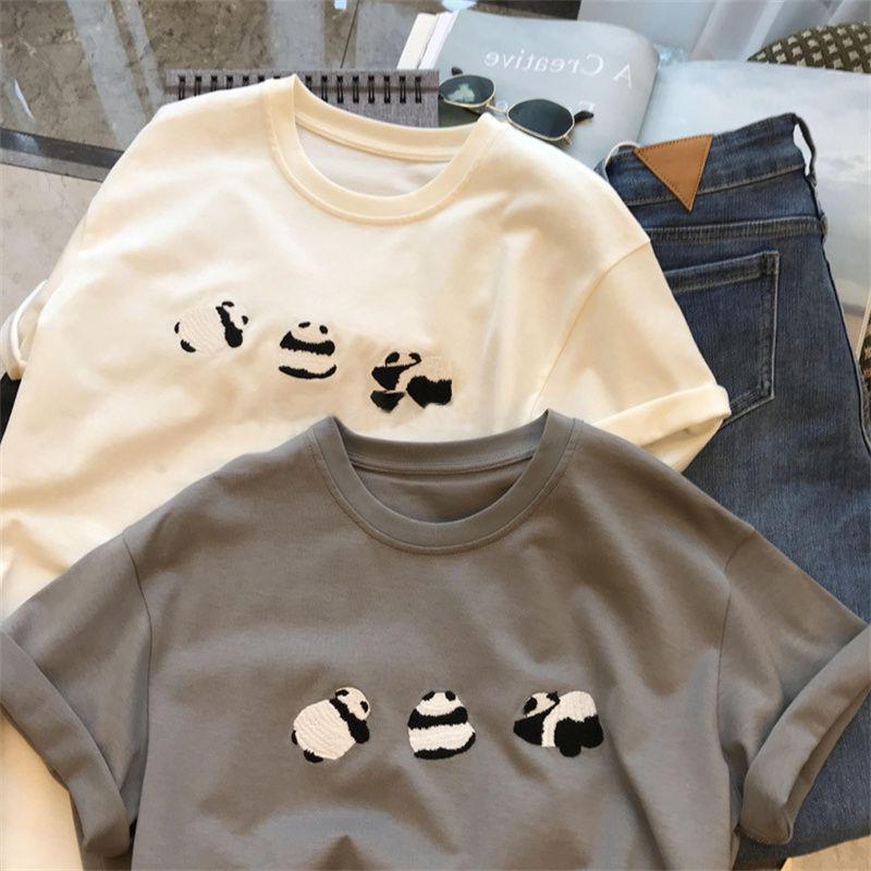 

Женская хлопковая футболка свободного кроя с коротким рукавом и вышивкой панды L