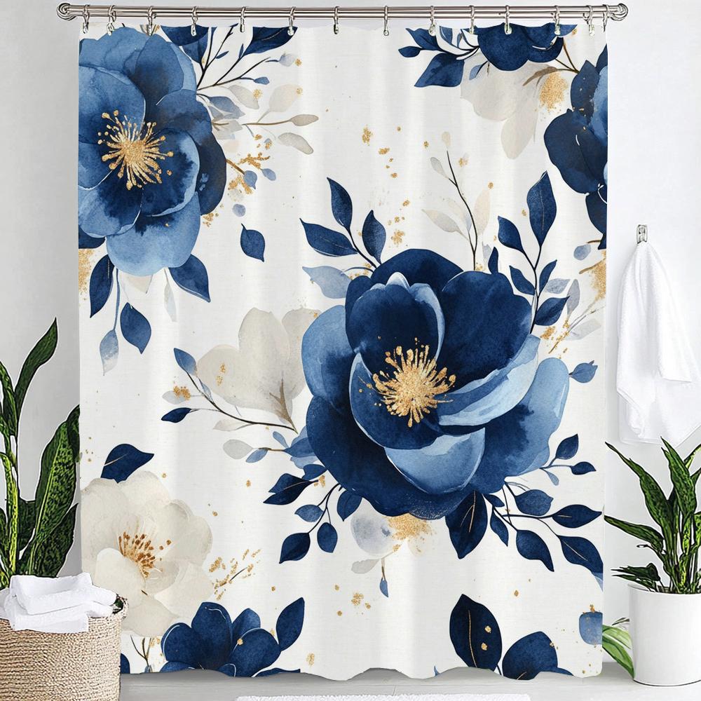 Elegant Blue Floral Print Waterproof Shower Curtain Partition Privacy Hanging Curtain With Hooks Multiple Size Machine Washable