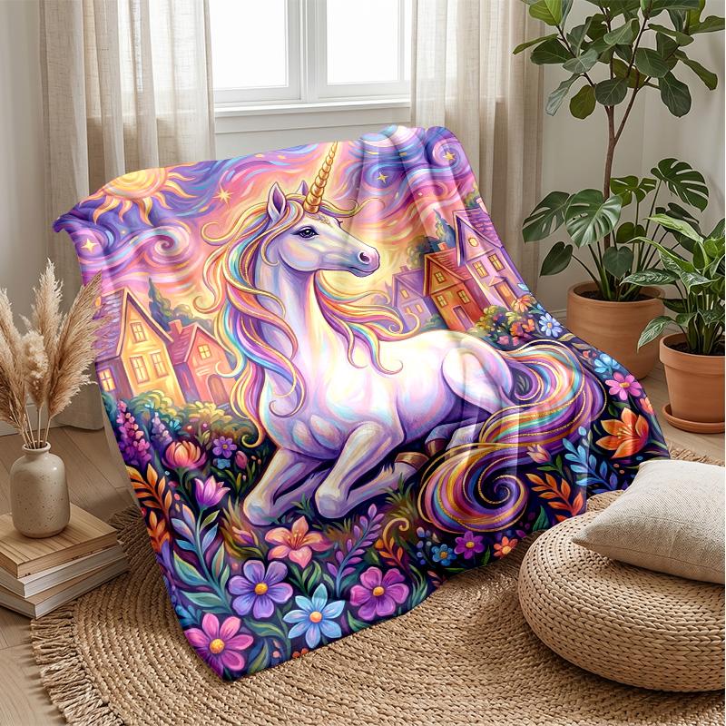 Magical Unicorn Fantasy Theme Blanket Lightweight Warm Flannel Blanket Decorative Throw Blanket for Home Decoration