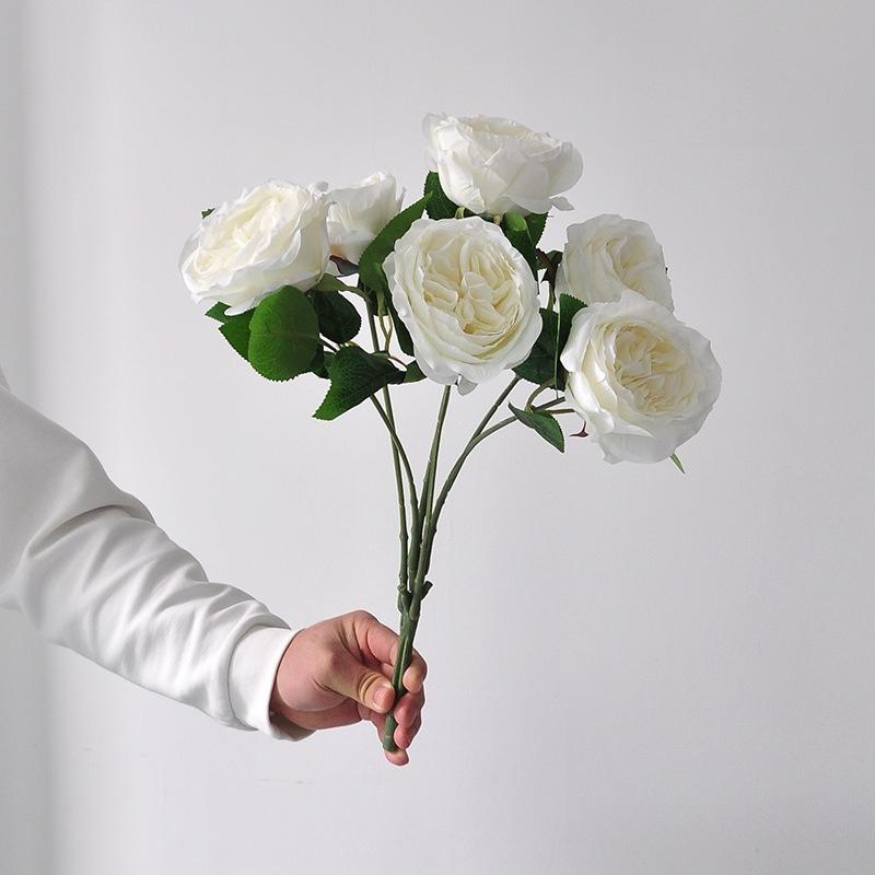 

2pcs Artificial 5-heads Roses Bouquet Silk Fake Flowers Hotel Decorative White Austin Rose Simulation Flower Lobby Decoration белый