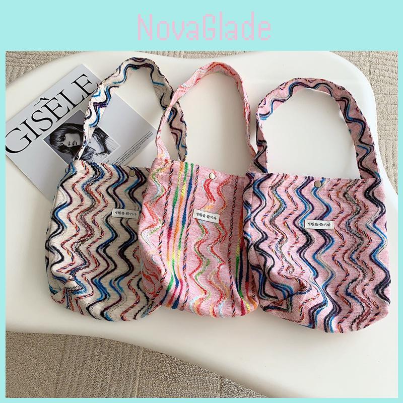 Trendy Rainbow Striped Canvas Tote Bag For Spring And Summer With Large Capacity