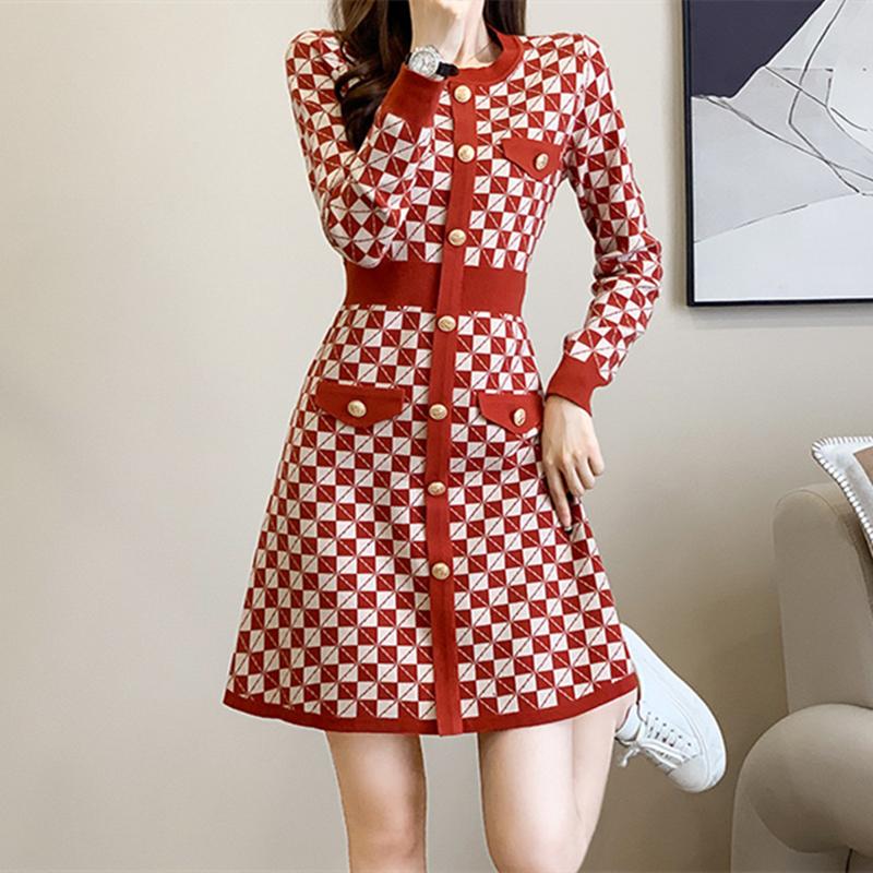 

VEZFAA женские модные осенне-зимние повседневные платья с геометрическим принтом и длинными рукавами и круглым вырезом с высокой талией