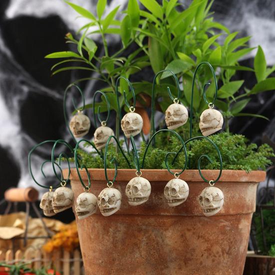12 Pcs Halloween Skull Stake Human Skull with Bendable Wire Planter Insert Skull Stake for Flower Pot Garden Bed Decoration