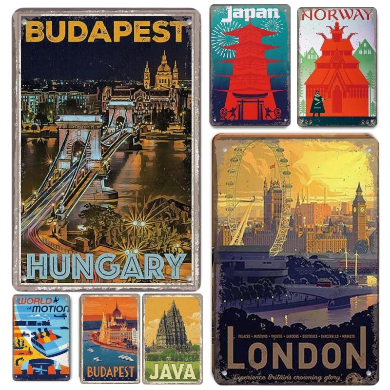 Famous City Landscape Posters Vintage Metal Signs Budapest Malta Sydney Tin Plate Retro Home Wall Art Decor Room Decoration