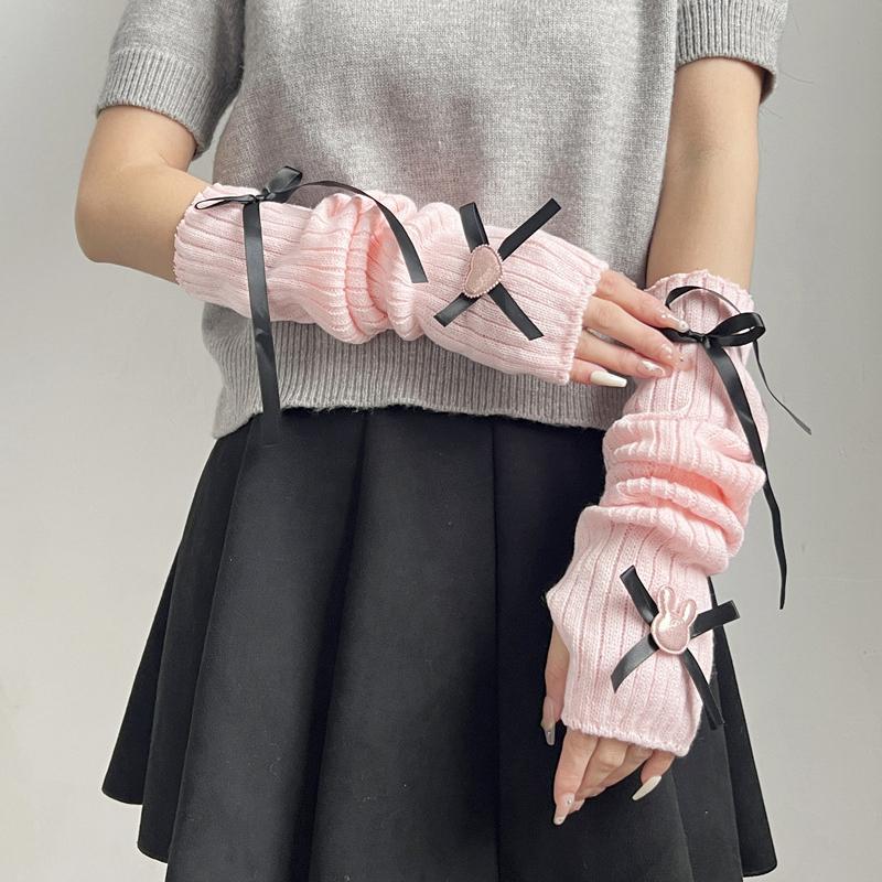 Student Kawaii Knitted Arm Cover Sweet Breathable Lolita Bow Decoration Long Pile Hand Sleeve Fingerless Gloves