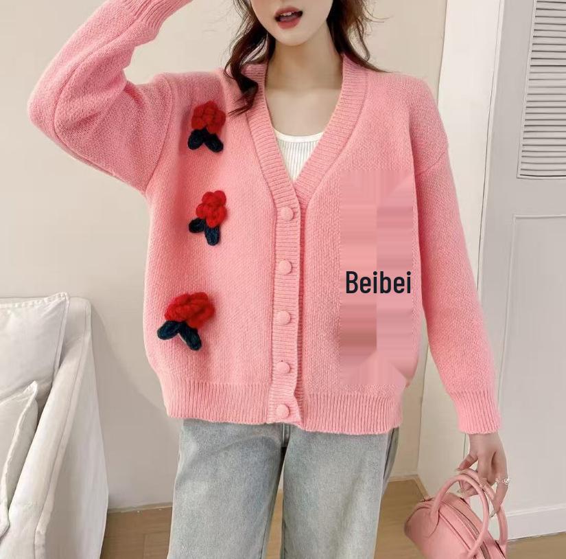 Autumn-Winter Strawberry Flower V-Neck Knit Sweater for Women
