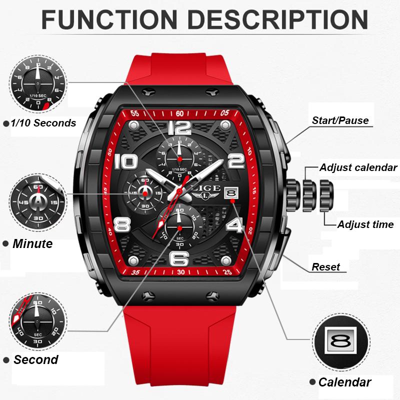 Fashion Red Silicone Watch Men Outdoor Sports Waterproof Men's Quartz Wristwatch Top Brand Luxury Square Quartz Chronograph