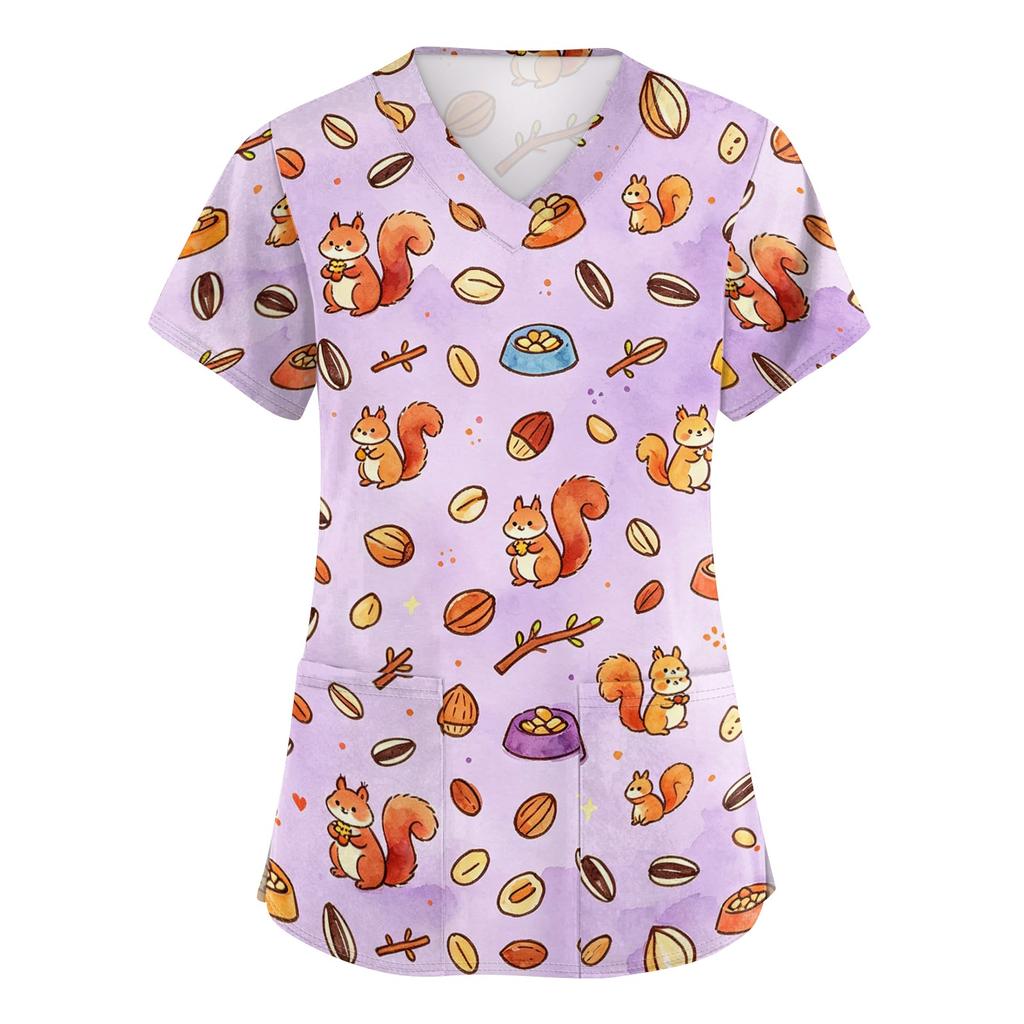Women's V Neck Short Sleeve Work Top with Pockets Animal Print Medical Scrub Shirt for Caregivers Nurse Uniform