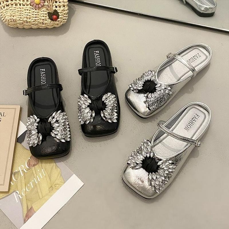 Fashion Crystal Flats Women Slippers Designer Square Toe Slingback Shoes Woman Summer Sandals 2025 Trend Brand Walking Cozy Lady Shoes