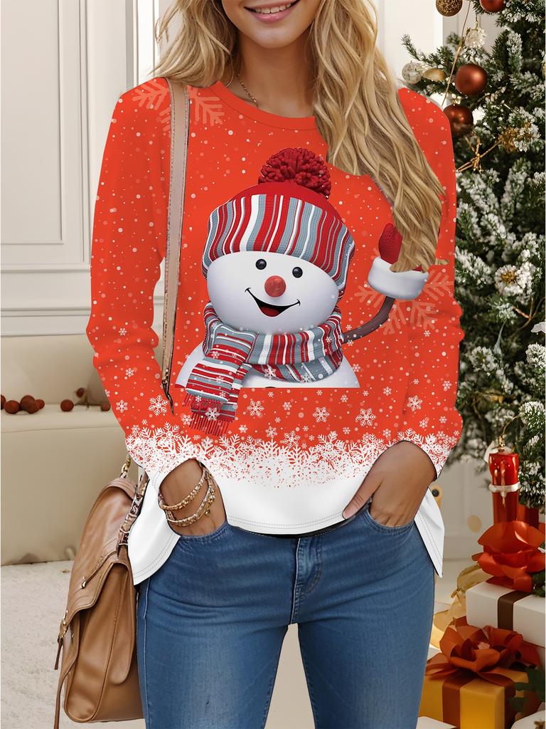 Tops for Women 3D Christmas Print Round Neck Long Sleeve T-shirt Fall Casual Slim Pullover Women's Long Sleeve Top