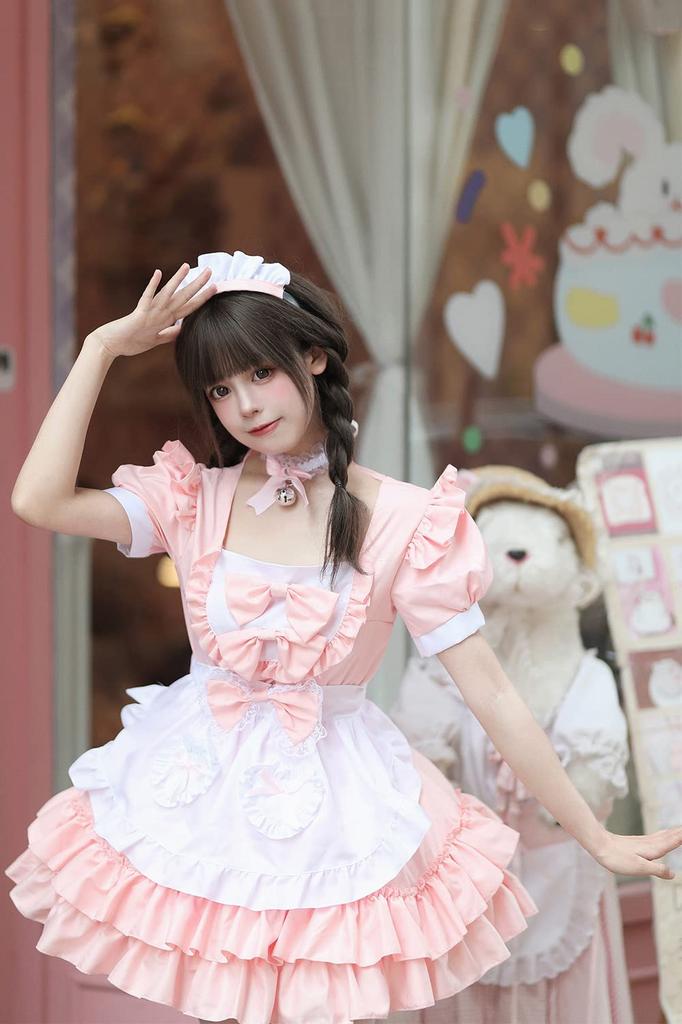 YAISHN Gothic Lolita Menajeră Disponibilă în 4 și cu Clopoțel Halloween Drăguță Lolita Fundiță Scurtă și Performanță Include Șosete Ținută, Populară, Culori Roz,