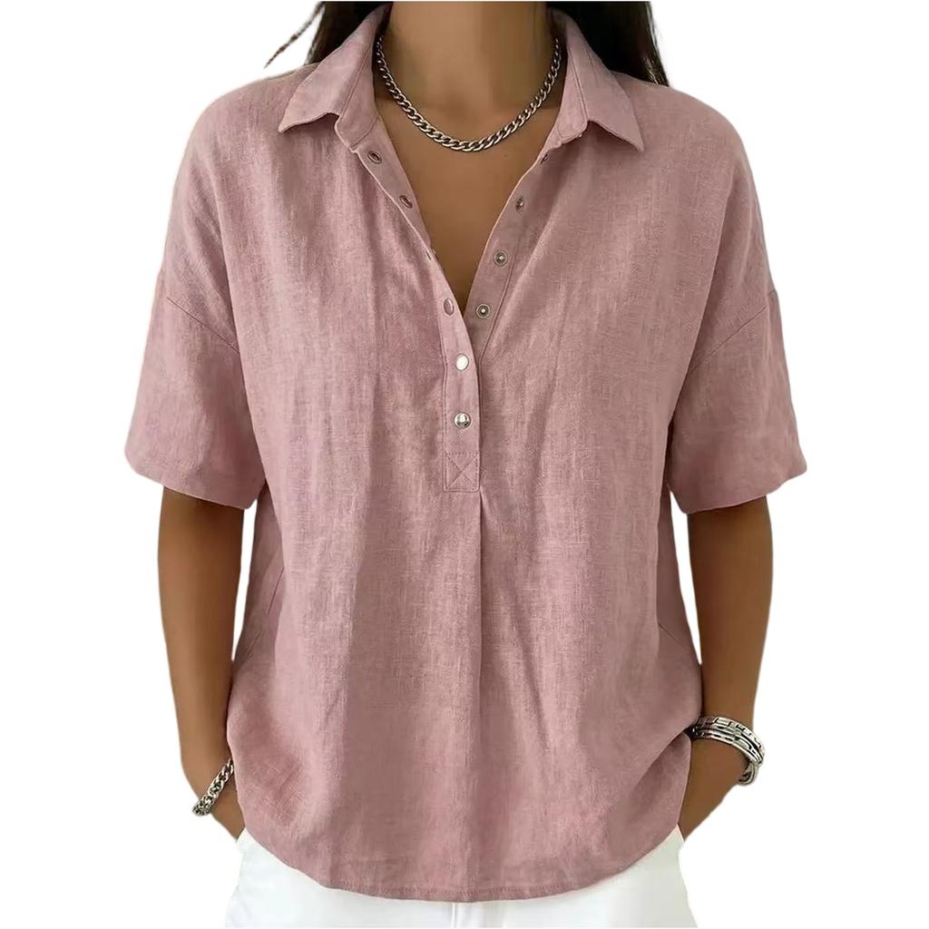 Women's Fashionable Loose-Fit Short-Sleeve Casual Shirt With Half-Zip