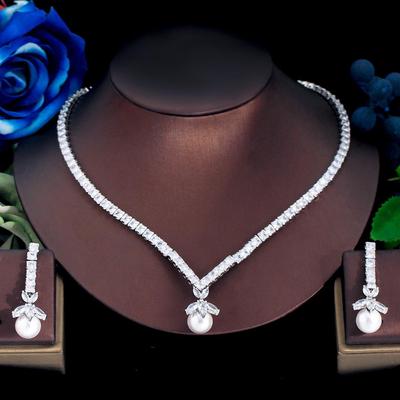 CMM Elegante Ciondola Goccia Bianca Cubic Zirconia Collana da Donna Orecchini Orecchini con Perle Artificiali Set di Gioielli