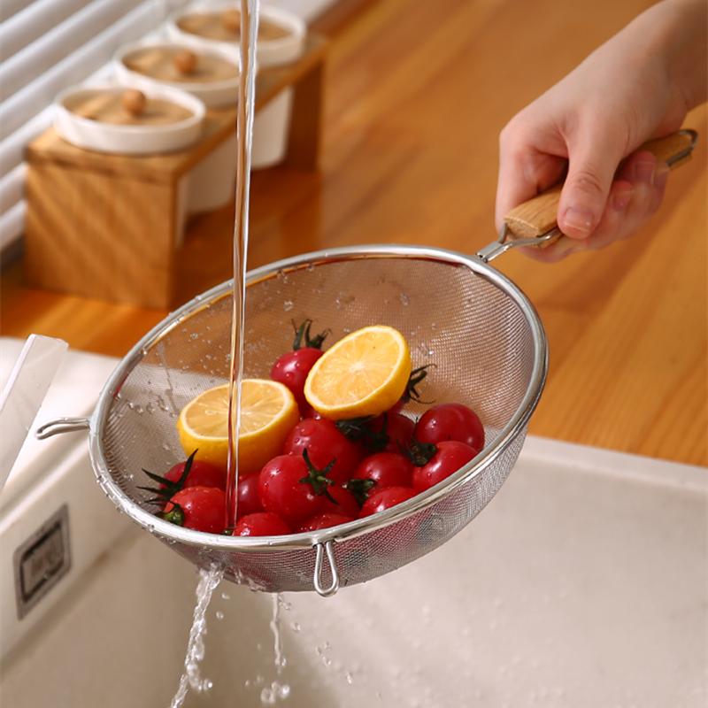 304 Stainless Steel Double Ear Colander Wooden Handle Skimming Spoon Juice Filter Fine Mesh Strainer Kitchen Accessories