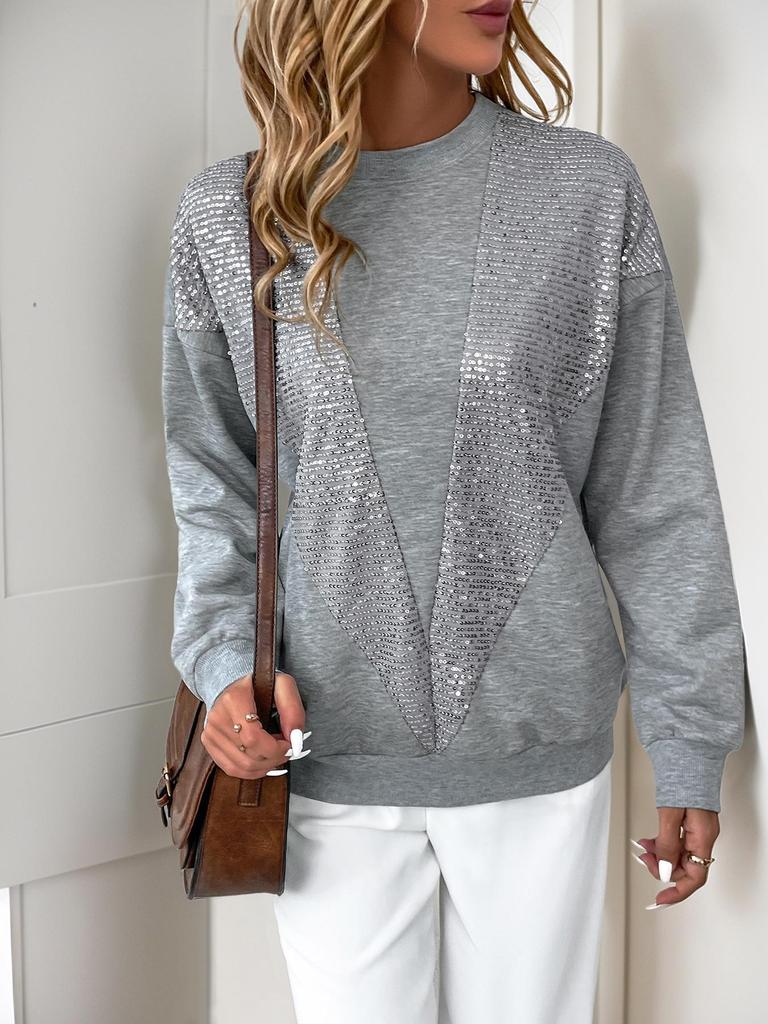 Autumn Women's Sequin Spliced Loose Fit Long-Sleeve Pullover Hoodie