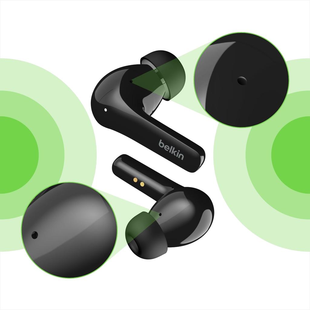 Belkin SOUNDFORM Flow True Wireless Earbuds with Bluetooth 12mm Ambient Sound Call Noise Up to 31 Hours of Music Qi Wireless Black ANC, 5.2, Drivers,