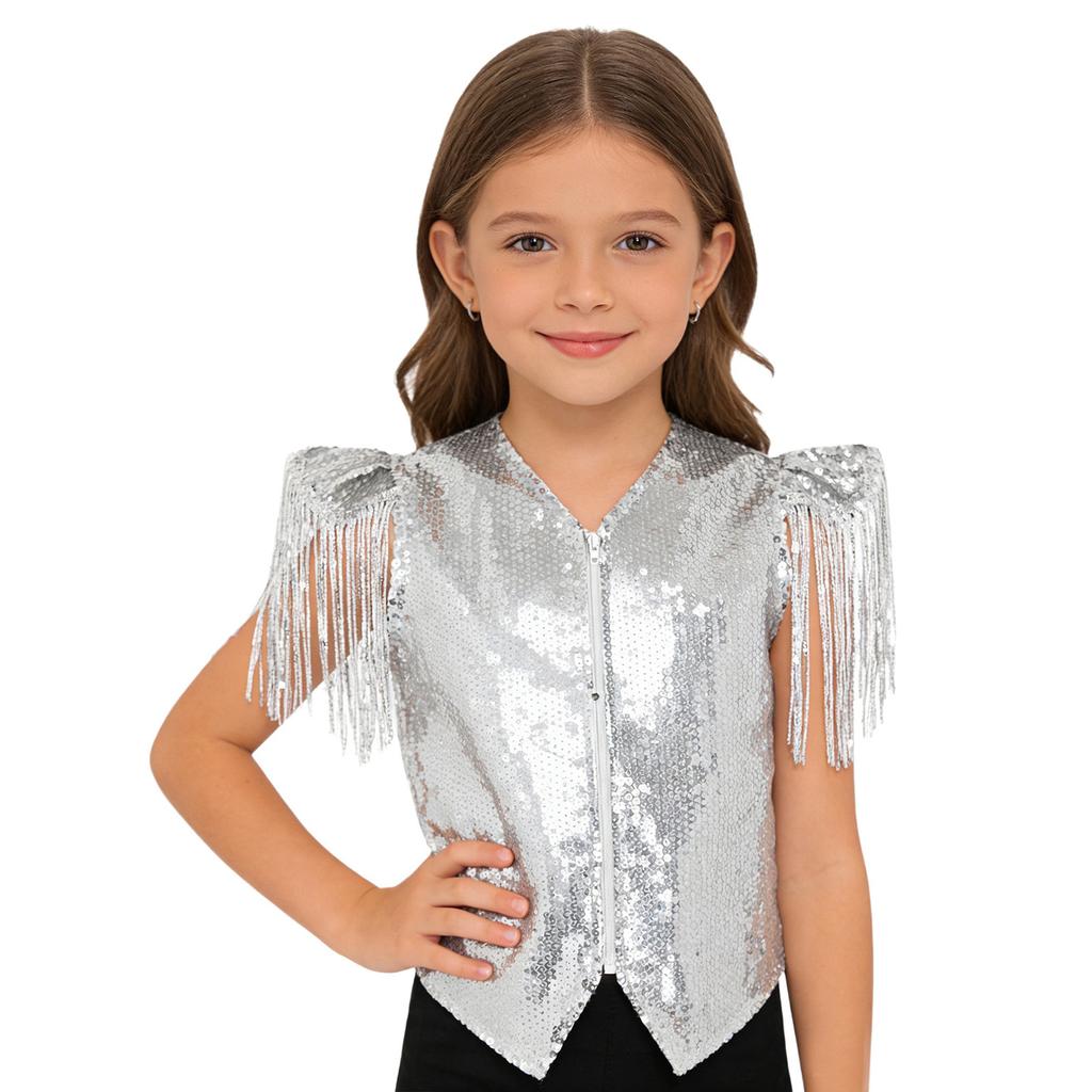 Boys Sequined Patchwork Vest Tassels Cap Sleeves V Neckline Stage Performance Waistcoat