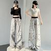 Authentic 2026 Hand-painted Graffiti Sweatpants for Women - Spring/Summer, Elastic Waist, Curved Leg, Casual Drawstring Fit