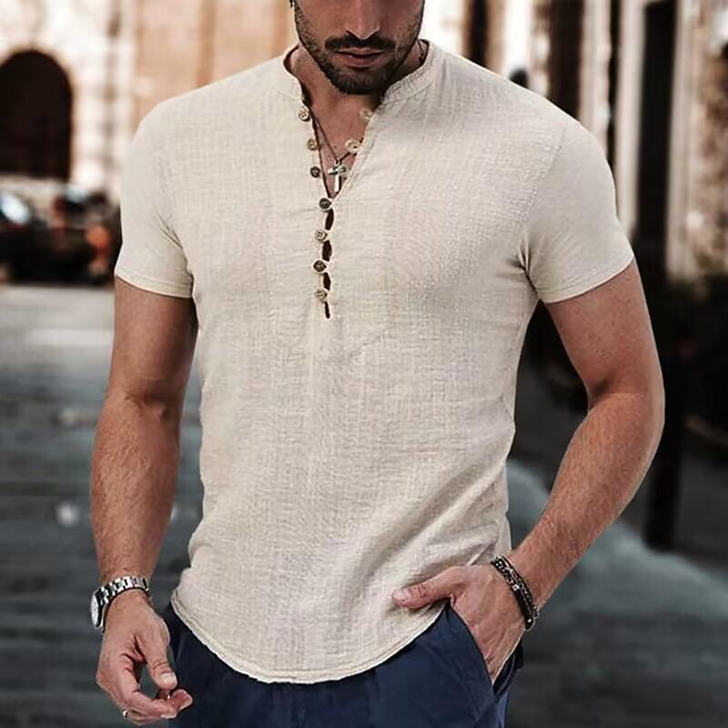 Popular Men s Linen Casual Shirt Plain V-neck Summer Casual Clothing S абрикосовый