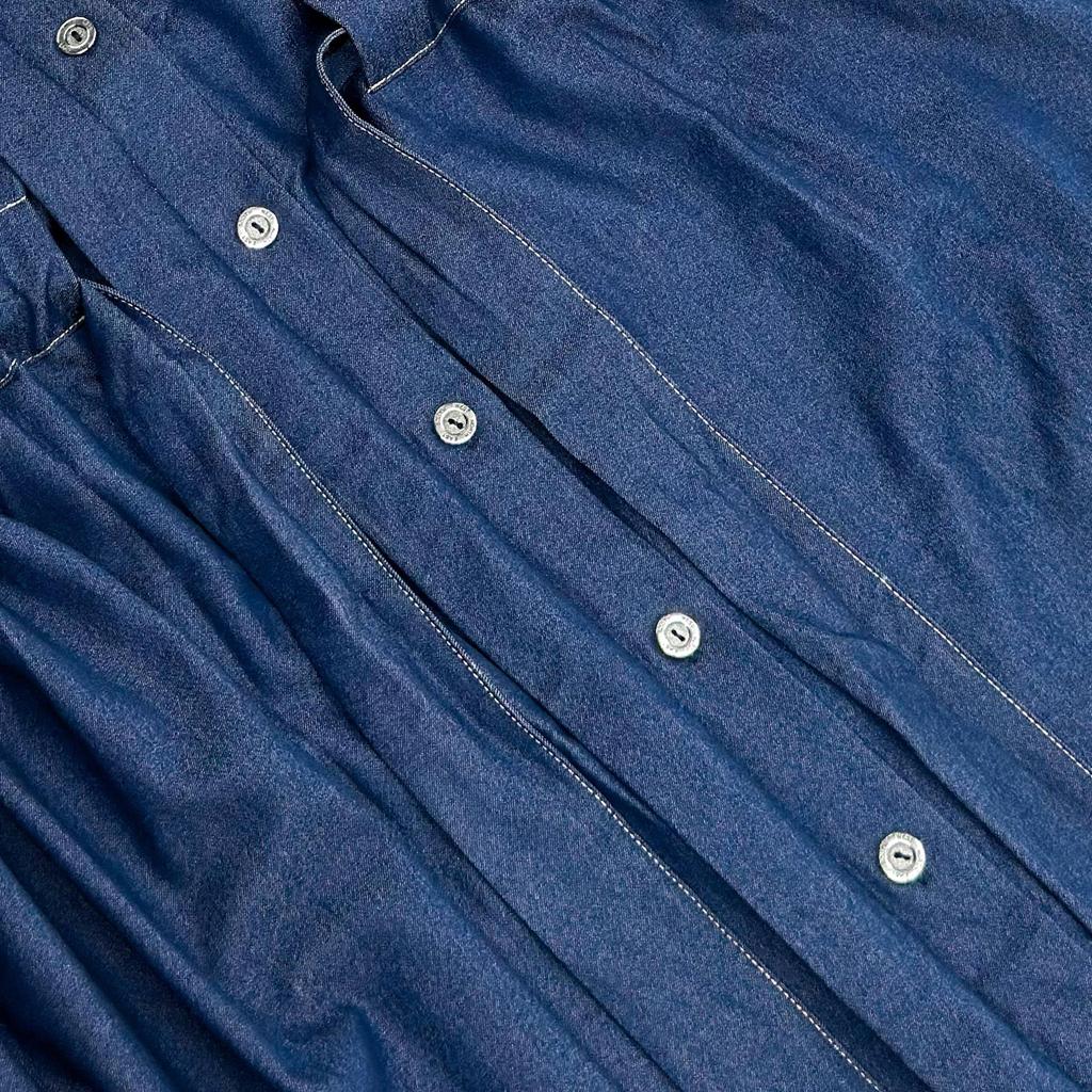 Seven-Sleeve Stretch Denim Maxi Dress with Stand-Up Collar and Hidden Buttons - Autumn 2025 Women's Wear