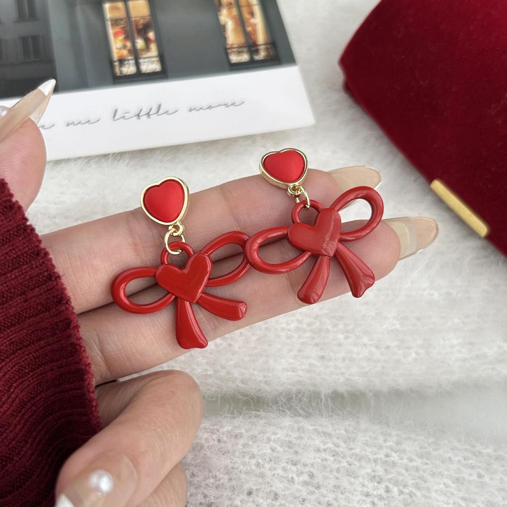 Red Bow Drip Oil Earrings: 925 Sterling Silver Autumn/Winter Studs for Women