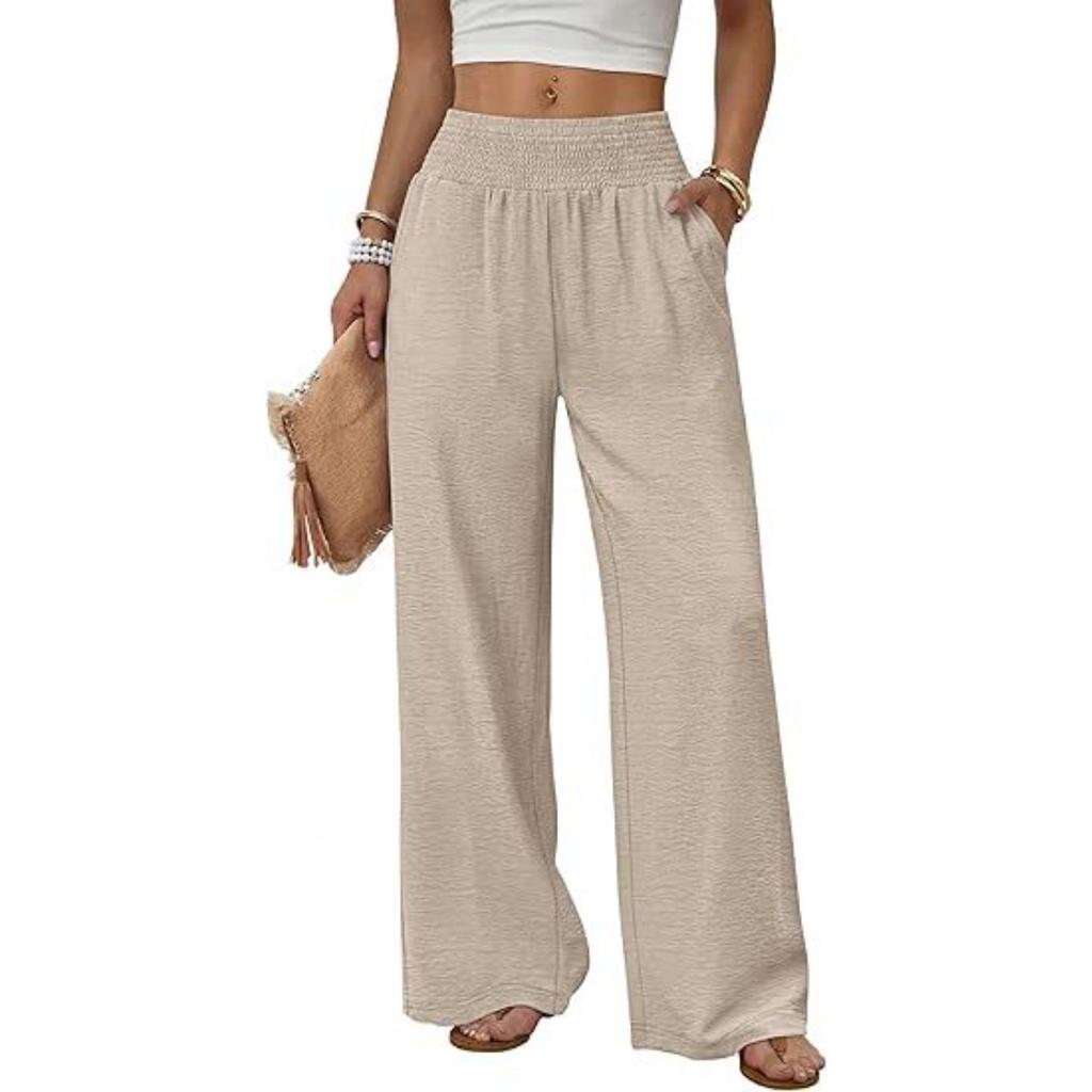 Damen High Waist Geraffter Elastischer Bund Weiter Bein Lockerer Schnitt Freizeithose