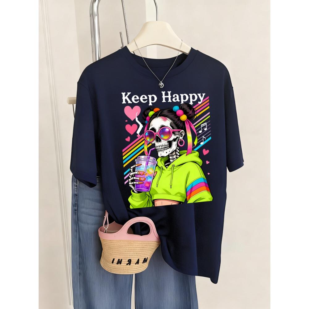 Keep Happy Colorful Drinks Skulls Print Women T Shirt Breathable O-Neck T-Shirt Sport Summer Clothes Multicolor Short Sleeve