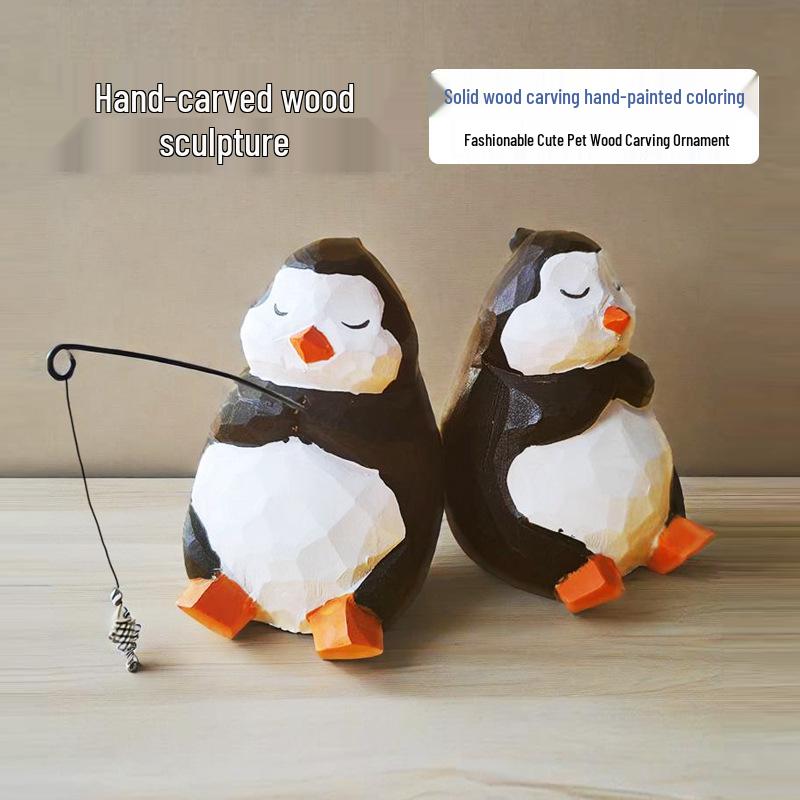 Hand-Carved Solid Wood Fishing Penguin Ornament – Cute Wooden Penguin Decoration