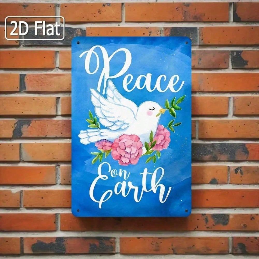 1pc Retro Peace on Earth Dove Roses Tin Sign, Christian Wall Art, 2D Flat Metal Plaque for Home Bar Cafe Decor, 12
