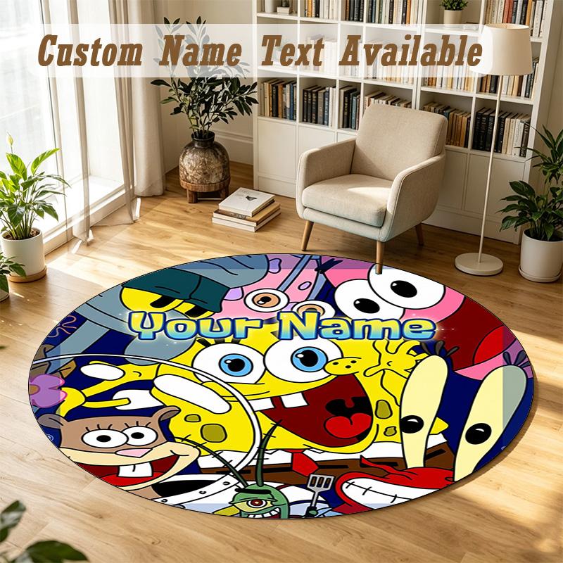 Round Rug Custom NameSpongeBob Pattern Non Slip Carpet Home Floor Decor