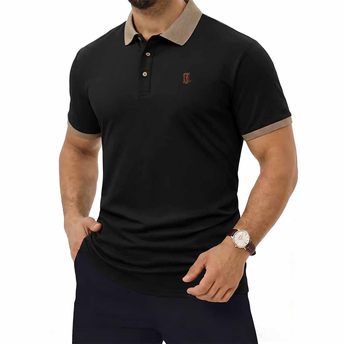 Men s Casual Short Sleeve Polo Contrast Collar 2XL чёрный