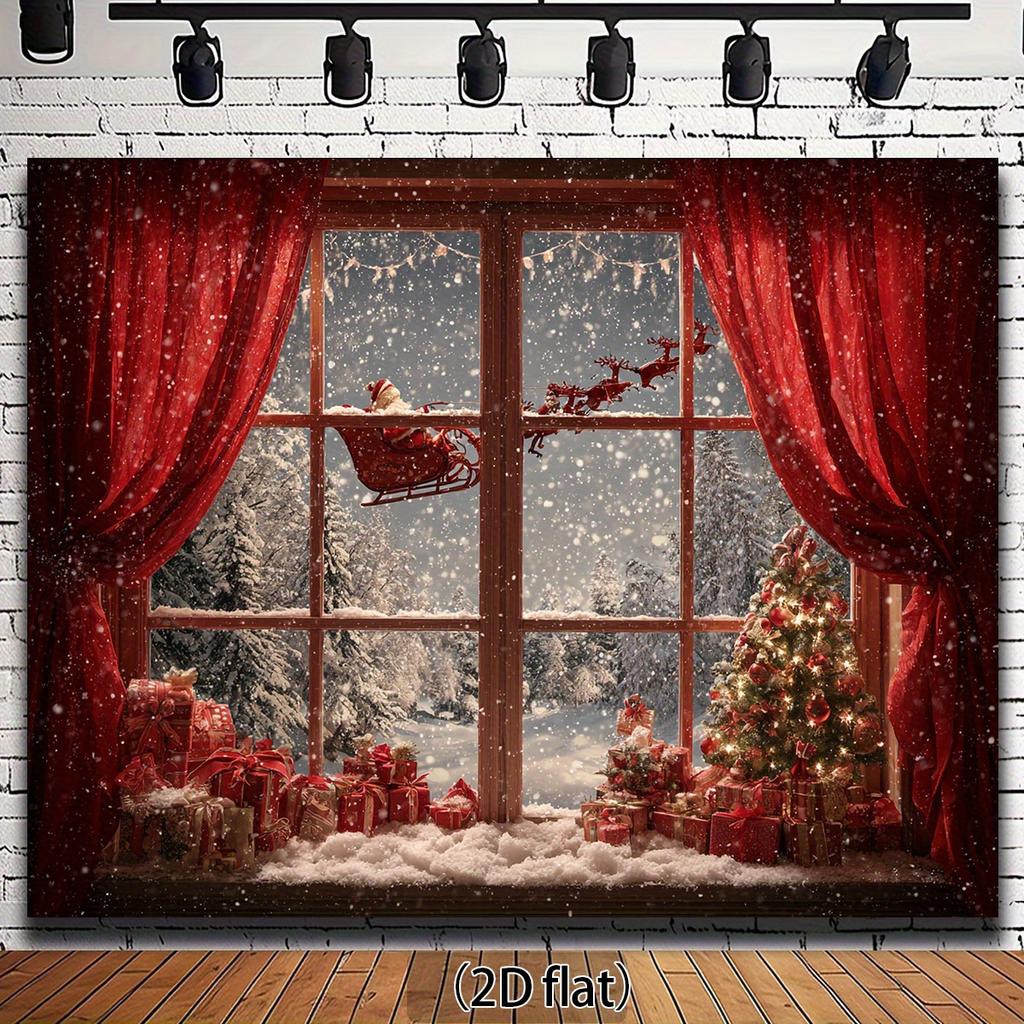Finestra Foresta Nevosa Albero di Natale Cervo Decorazione Sfondo Fotografia Invernale Sfondo Decorazioni Per Studio Fotografico Photo Booth Festa di Natale