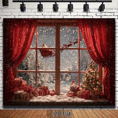 Window Snowy Forest Christmas Tree Deer Decoration Background Winter Photography Backdrop Decorations For Photo Studio Photo Booth Christams Party