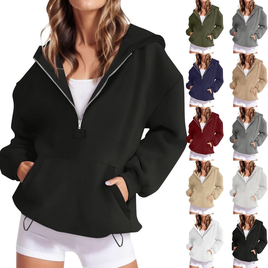 Women's Loose Comfortable Casual Fashionable Solid Color Hooded Zipper Drawstring Sweatshirt