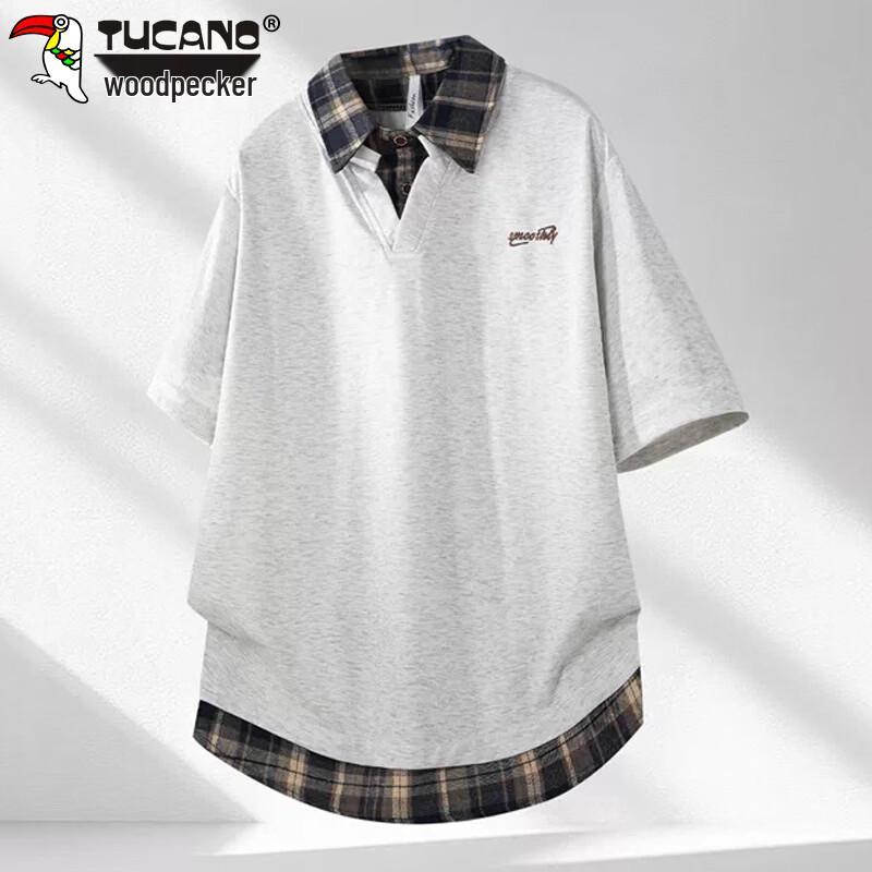 TUCANO Men s Fake Two-Piece Shirt Collar Short Sleeve T-Shirt XL