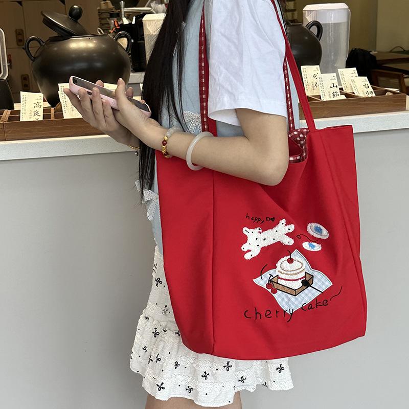 Niedliche Cartoon-Stickerei Schultertaschen für Damen Große Kapazität Schülerinnen Handtaschen Tote Lässig Kariert Weibliche Einkaufstasche