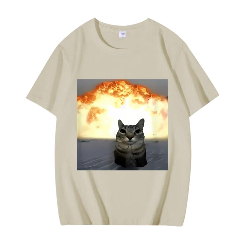 Whimsical Cat Explosion Graphic T Shirt Men Women Oversized 100% Cotton Funny Hot Sale Short Sleeve Summer Print Unisex Tops