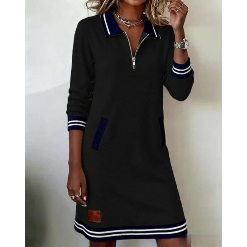 Women S Casual Long Sleeve Turn Down Collar Color Block Dress With Zipper Pocket