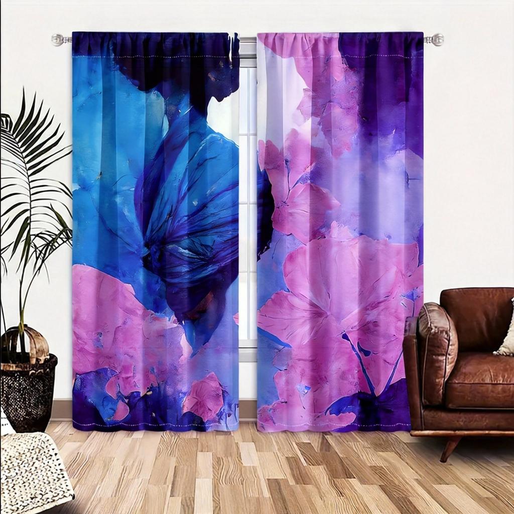 Watercolor Art Curtains 2pcs – Bold Blue and Yellow Abstract Design, Contemporary Window Decor for Home and Art Lovers