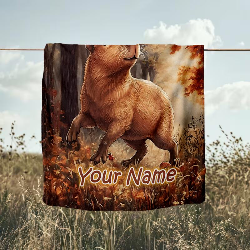 1PC Custom Name Autumn Capybara Adventure flannel blanket versatile,all-season throw suitable for the living room,bedroom,camping,travel,and gift
