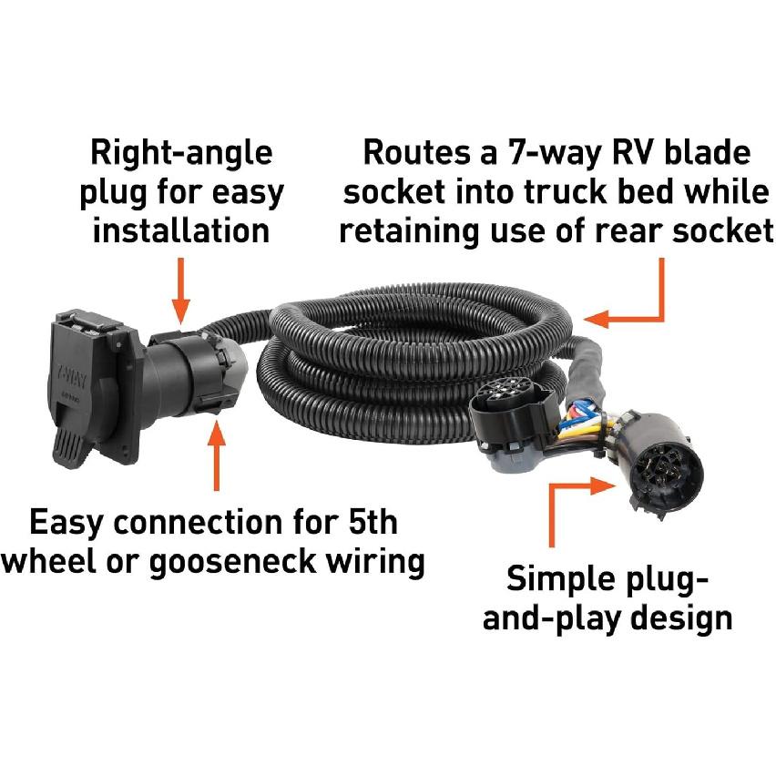 56070 7-Pin Trailer Wiring Harness Extension, 5Th Wheel 7 Pin Connector, 7-Foot Vehicle-Side Truck Bed, Compatible with Ch-evrolet, Dod-ge, Fo-rd,