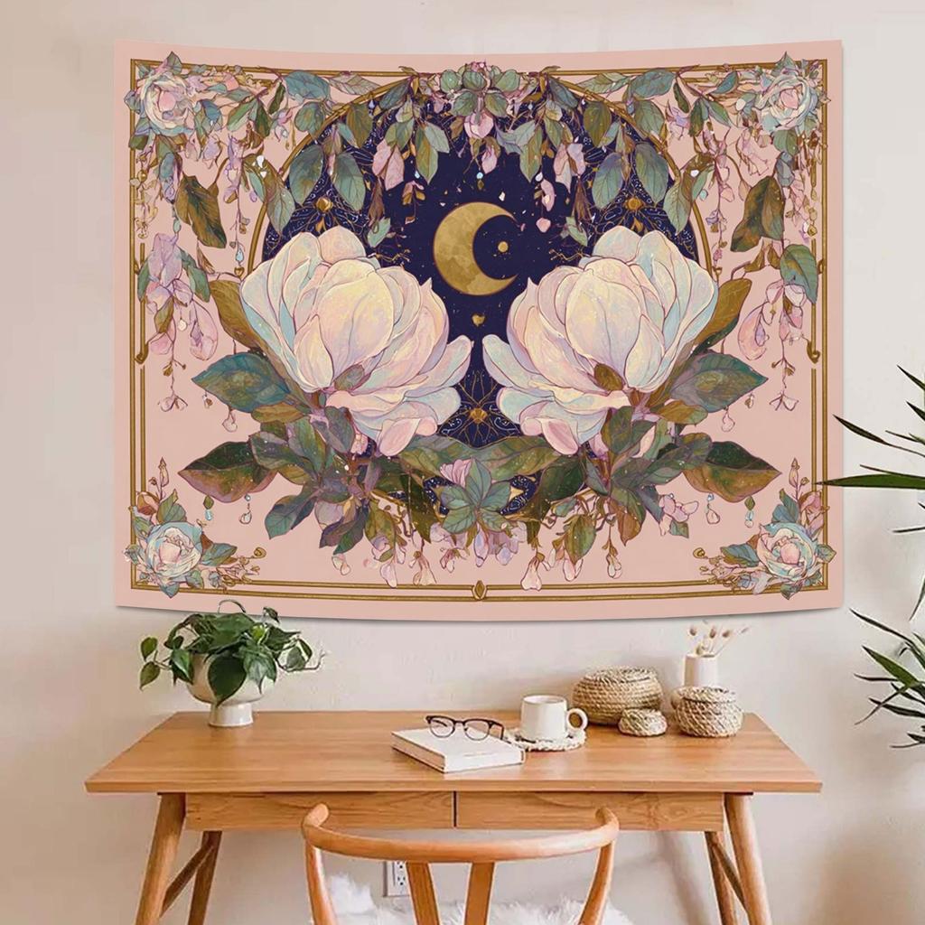 Floral Moon Magnolia Tapestry Vintage Celestial Flower Print Wall Hanging For Bedroom Living Room Boho Aesthetic Decor