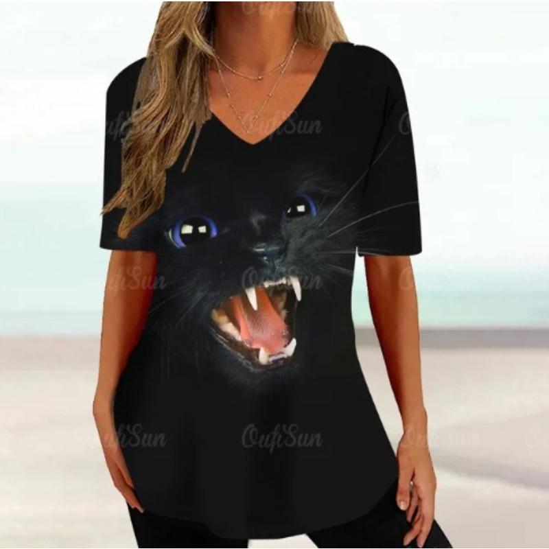 Summer V-neck 3D Cartoon Cat Printed Top Fashionable Casual Short Sleeved Women's T-shirts