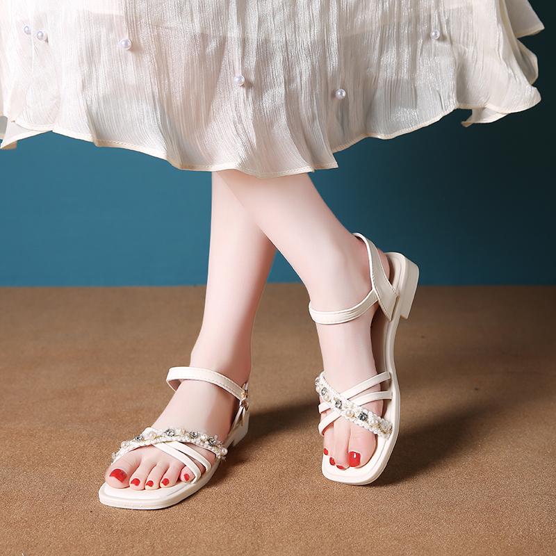 Aphixta New Pearl Dec Woman Sandals Shoes Square Toe Cross Strap Buckle Luxury Diamond Summer Shoes Sweet Low Heel Shoes Size 41