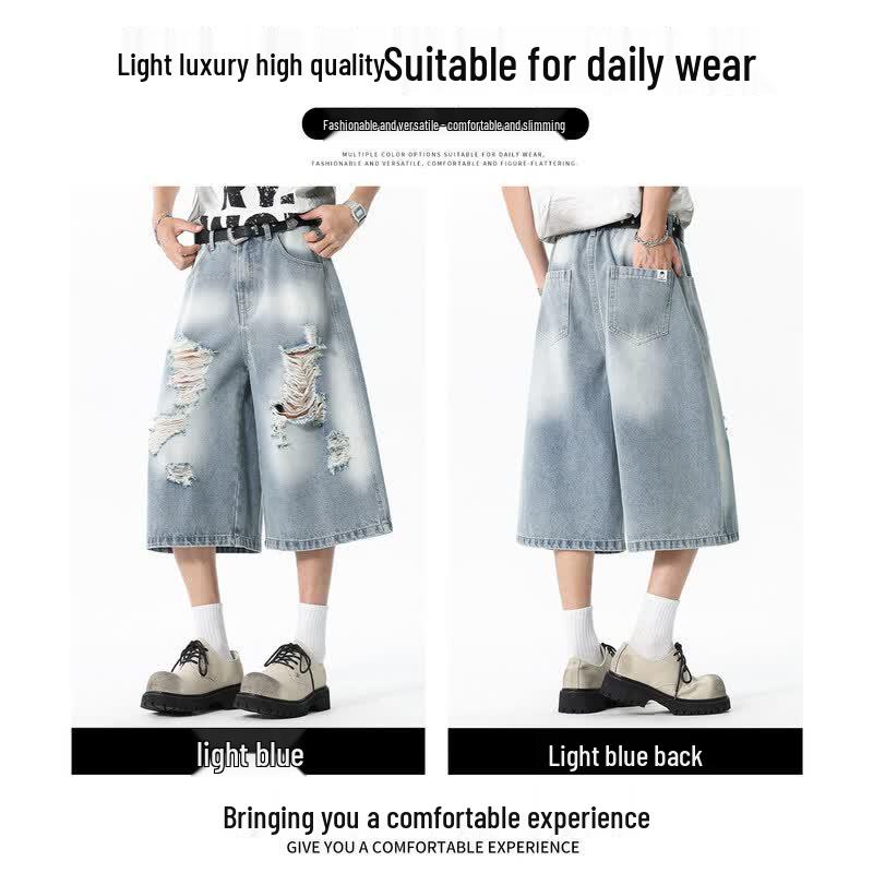 CHOCOOLATEit Men's Light Blue Ripped Wide-Leg Cropped Denim Shorts