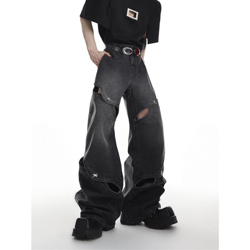 

Мужские повседневные осенние джинсы с широкими штанинами и полыми пуговицами Large чёрный